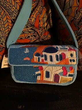 T.J.Maxx Blue Beaded Embroidered Shoulder Bag